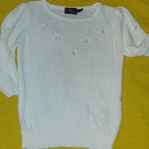 VTG Coquette white Knit Sweater with Floral cherry accent beads